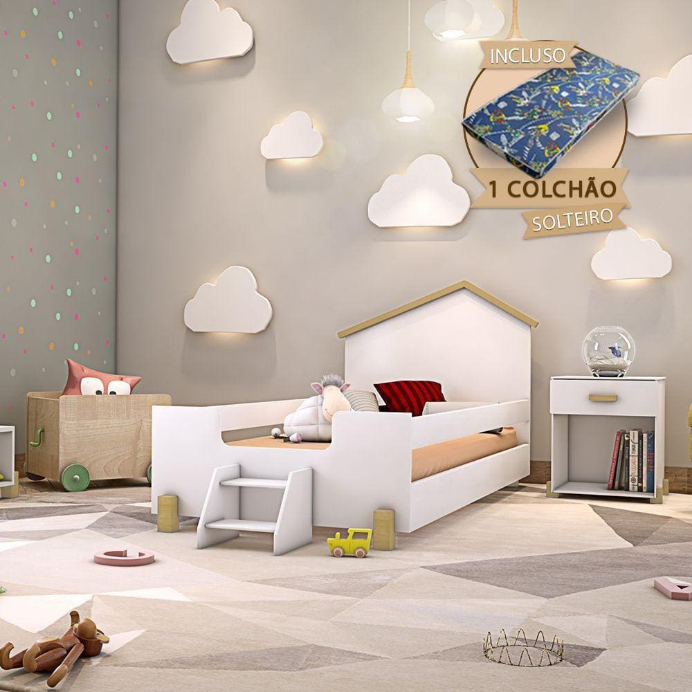 Cama Infantil Montessoriana Com Colchão E Escadinha Solteiro Ayla - Branca E Natural - Cor: Branco