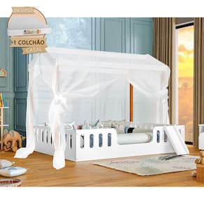 Cama Infantil Com Colchão Casal Ágatha Branca/Amêndoa Com Escorregador E Voal Branco