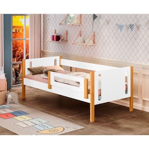 Cama De Solteiro Mirela Branco/ Mel Com Grade De Proteção - Cor: Branco