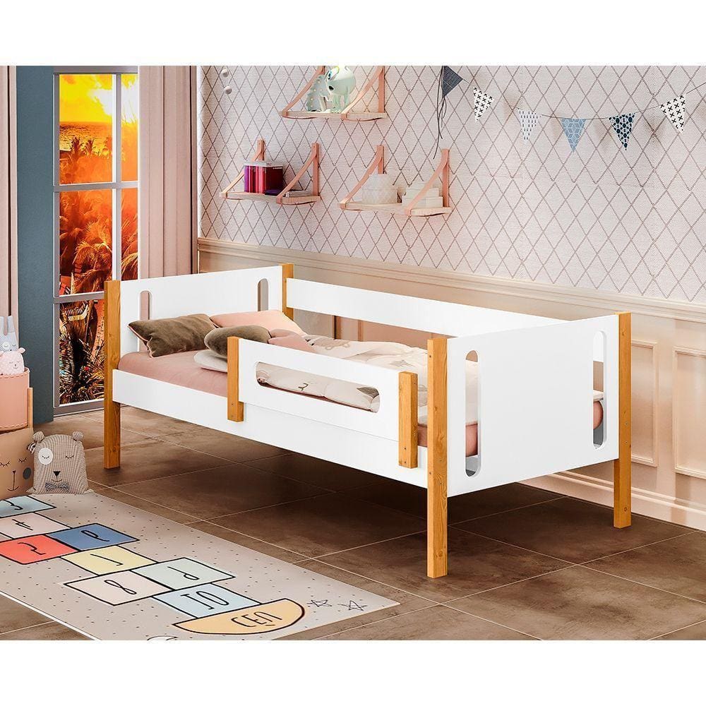 Cama De Solteiro Mirela Branco/ Mel Com Grade De Proteção - Cor: Branco