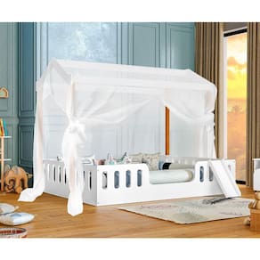 Cama Infantil Casal Ágatha Branca/Amêndoa Com Escorregador E Voal Branco - Divaloto - Cor: Branco