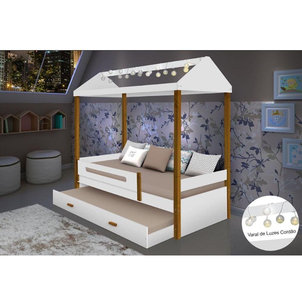 Beliche Montessoriana Design Infantil Sara Solteiro C/ Led Branco/Amêndoa Branco