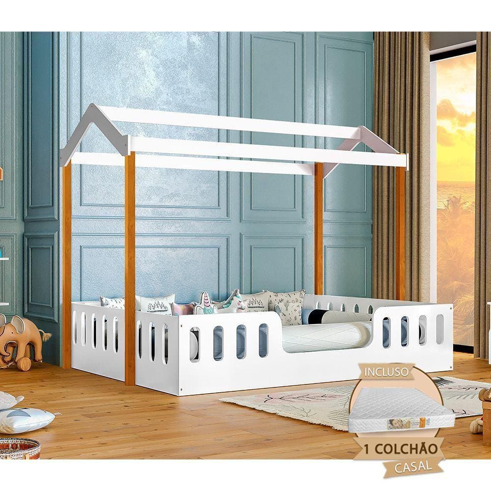 Cama Com Colchão Montessoriana Casal Infantil Ágatha Branco/Amêndoa Branco