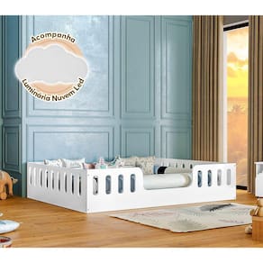 Cama Casal Branca Helo Com Cercado + Luminária Led - Cor: Branco
