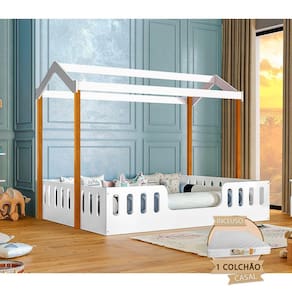 Cama Infantil Com Colchão Casal Casinha Segura Montessoriana Ágatha - Branco/Mel - Cor: Branco