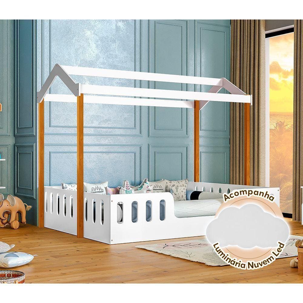 Cama Para Criança Infantil Ágatha Montessoriana Casal Casinha Branca/Amêndoa + Luminária Led