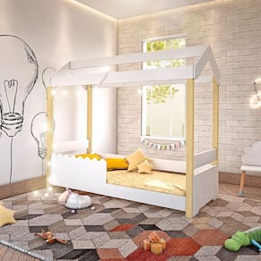 Cama Montessoriana Infantil Casinha Solteiro Jhulia Grade Branca - Branco E Natural - Cor: Branco