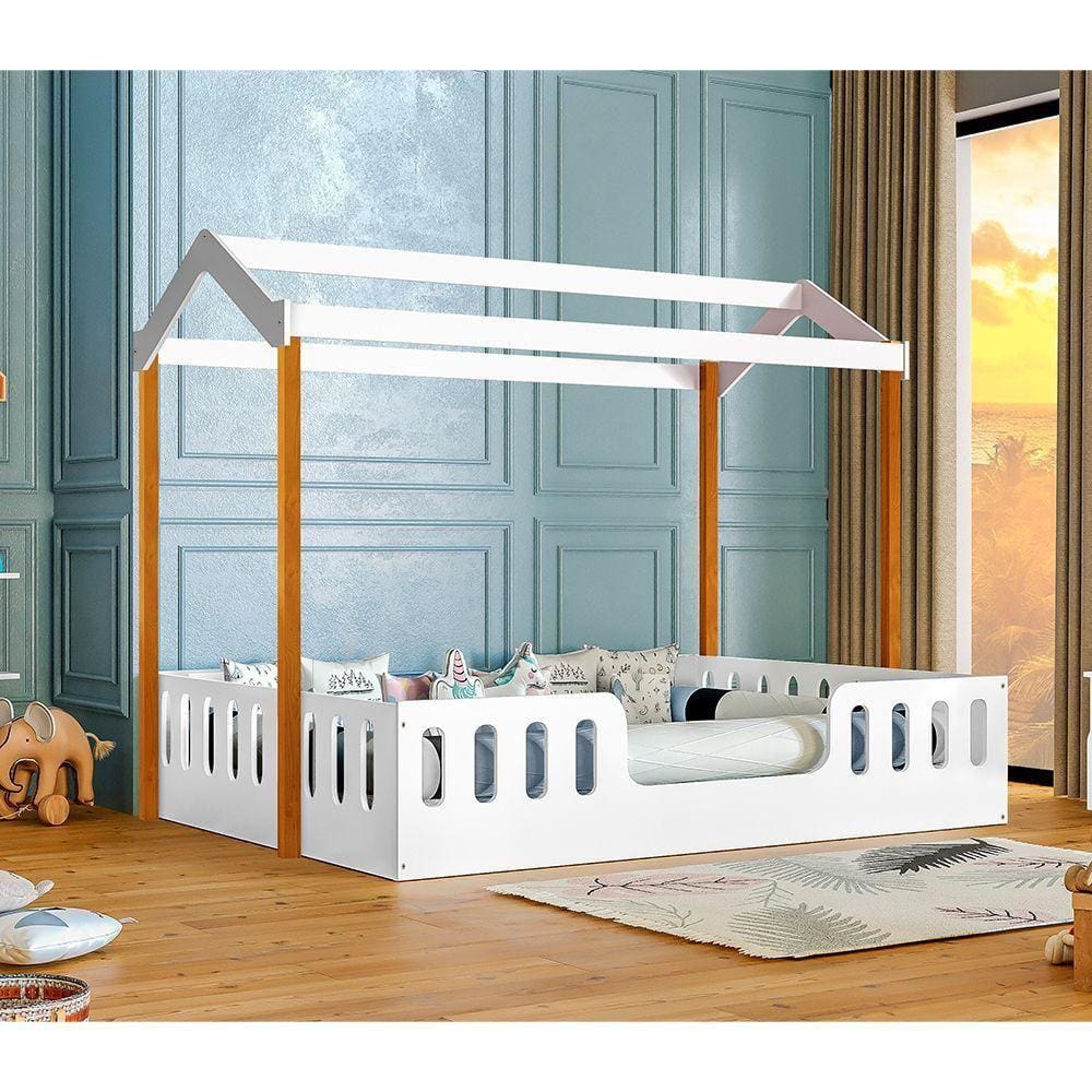 Cama Para Criança Infantil Ágatha Casal Casinha Montessoriana - Branca/Mel
