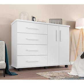 Cômoda Geval Encanto Com 04 Gavetas 02 Portas E Rodízios - Branco - Cor: Branco