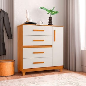 Cômoda Para Quarto 4 Gavetas E 1 Porta Victoria Nature / Off White - Cor: Bege
