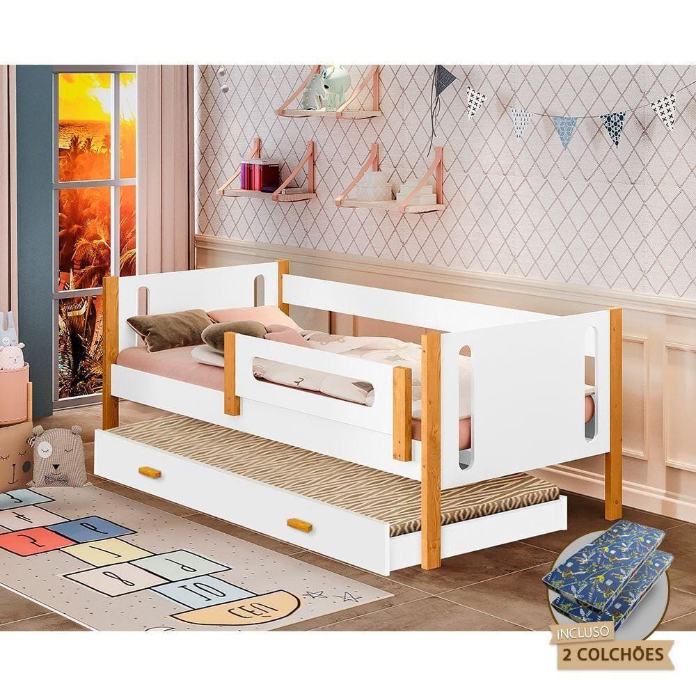 Cama Infantil Solteiro Mirela Com Cama Auxiliar E Grade De Proteção Acompanha Colchões Branca/Amêndo