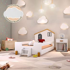 Cama Montessoriana Infantil Juvenil Belissima Preta Branca E Amêndoa + Luminária Led - Cor: Branco