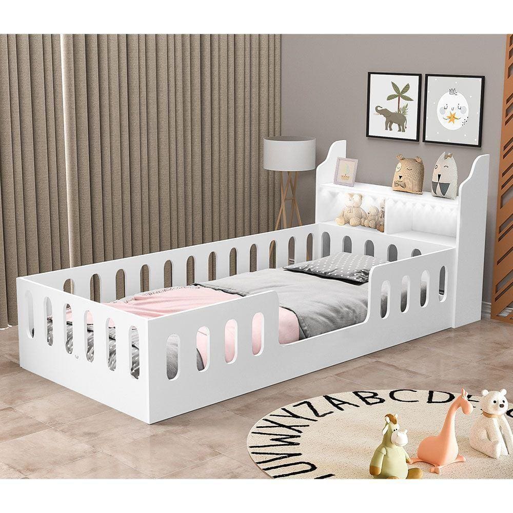 Cama Infantil Montessoriana Helo Solteiro Com Nicho E Led - Branca - Cor: Branco