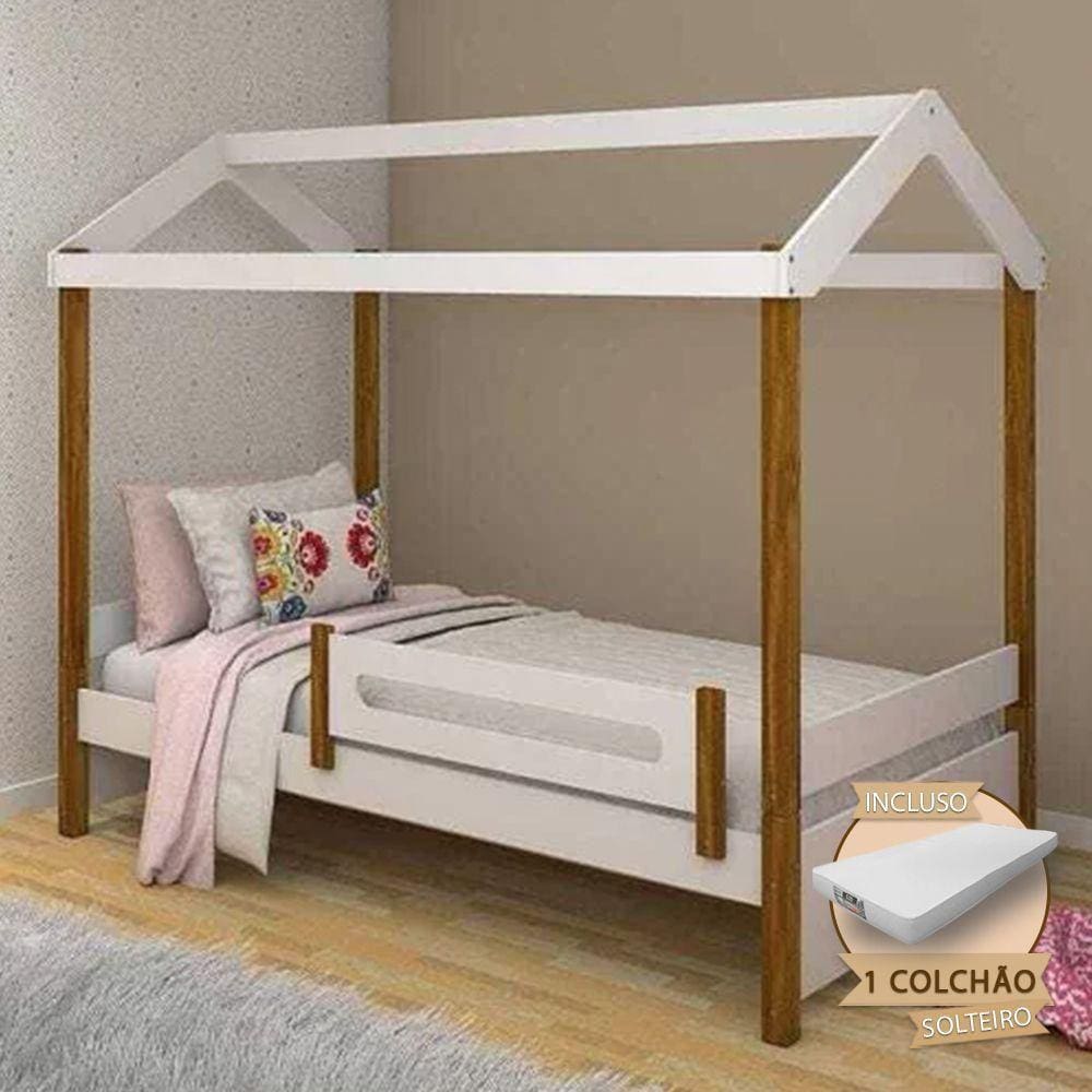 Cama Solteiro Montessoriana Casinha Eliz Com Colchão E Grade De Proteção - Branco/Mel - Cor: Branco