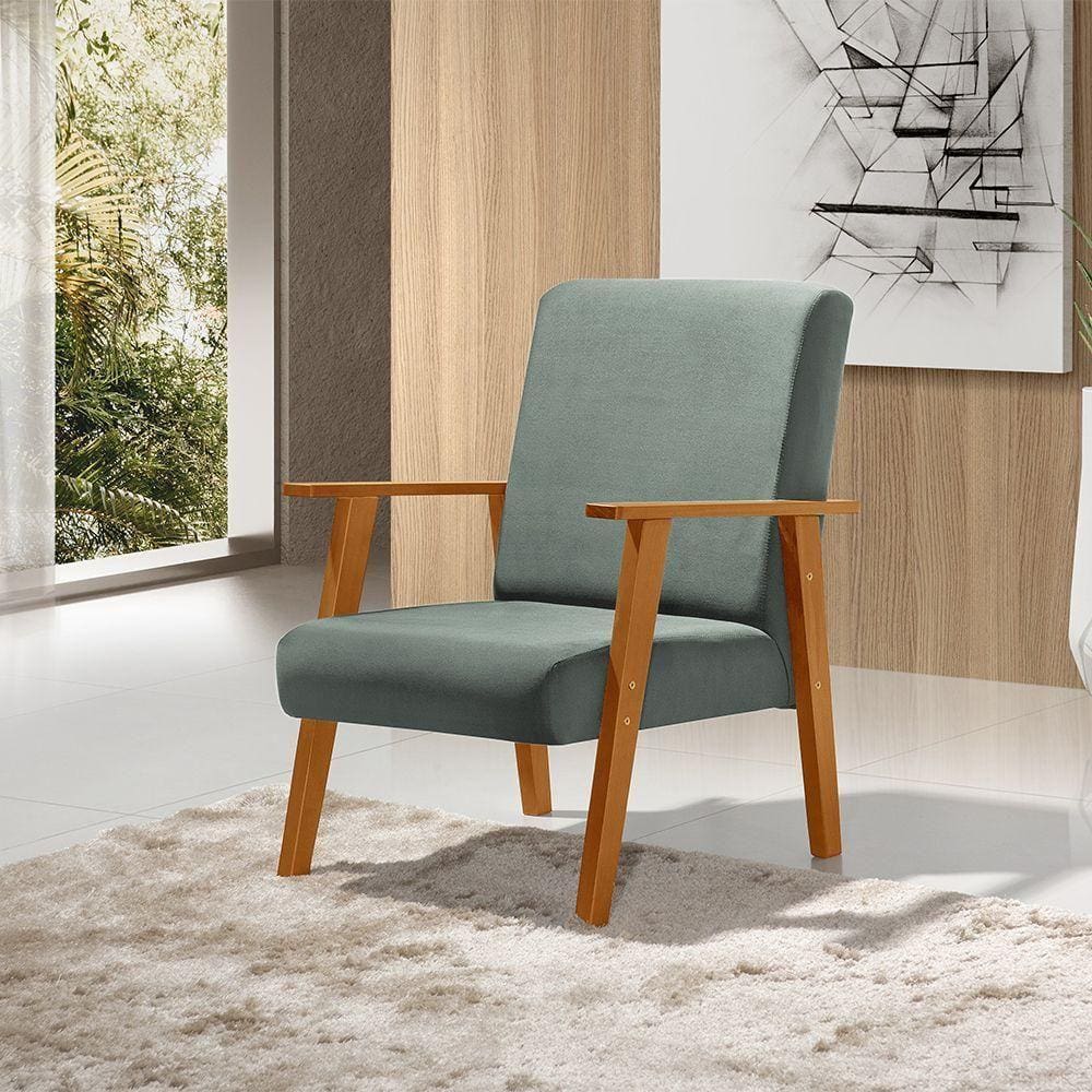 Poltrona Decorativa Para Sala Juliana Veludo Cinza Base Madeira Maciça - Cor: Cinza
