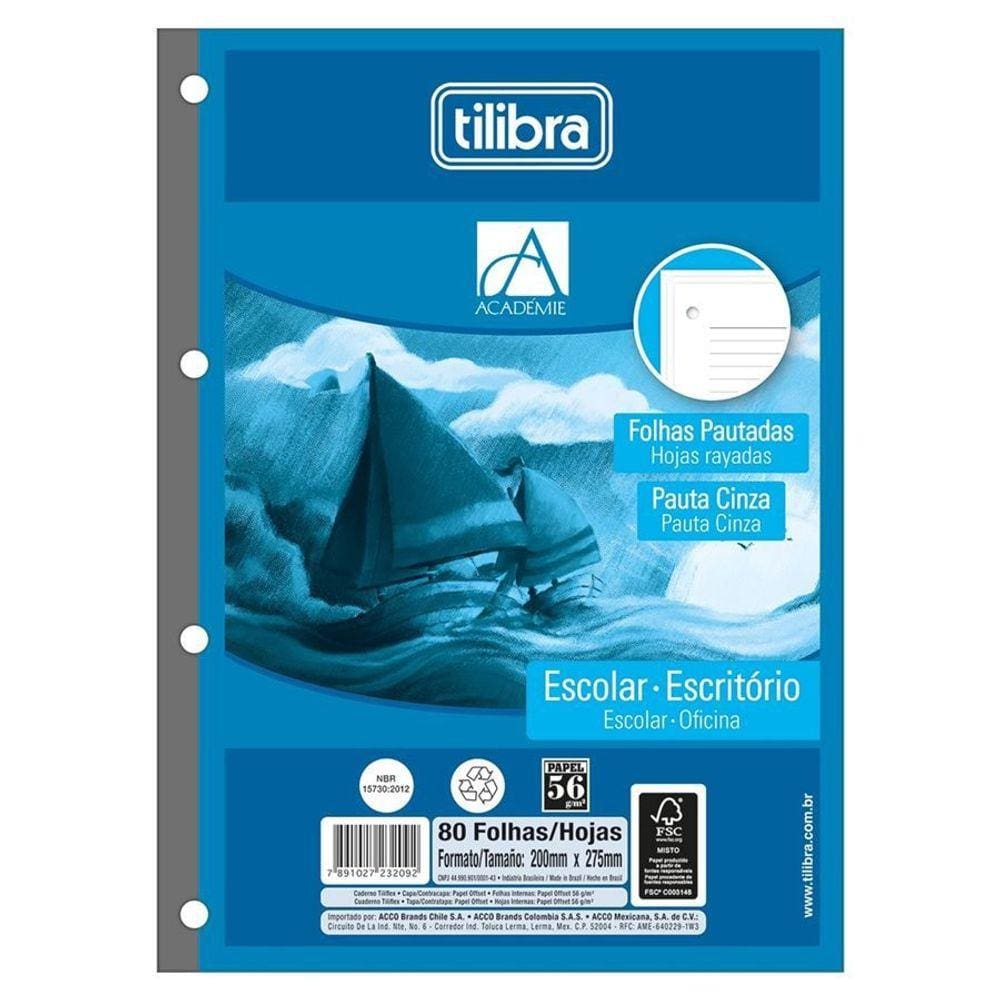 Refil Caderno Argolado Fichário Tiliflex Universitário Académie 80 Folhas Tilibra