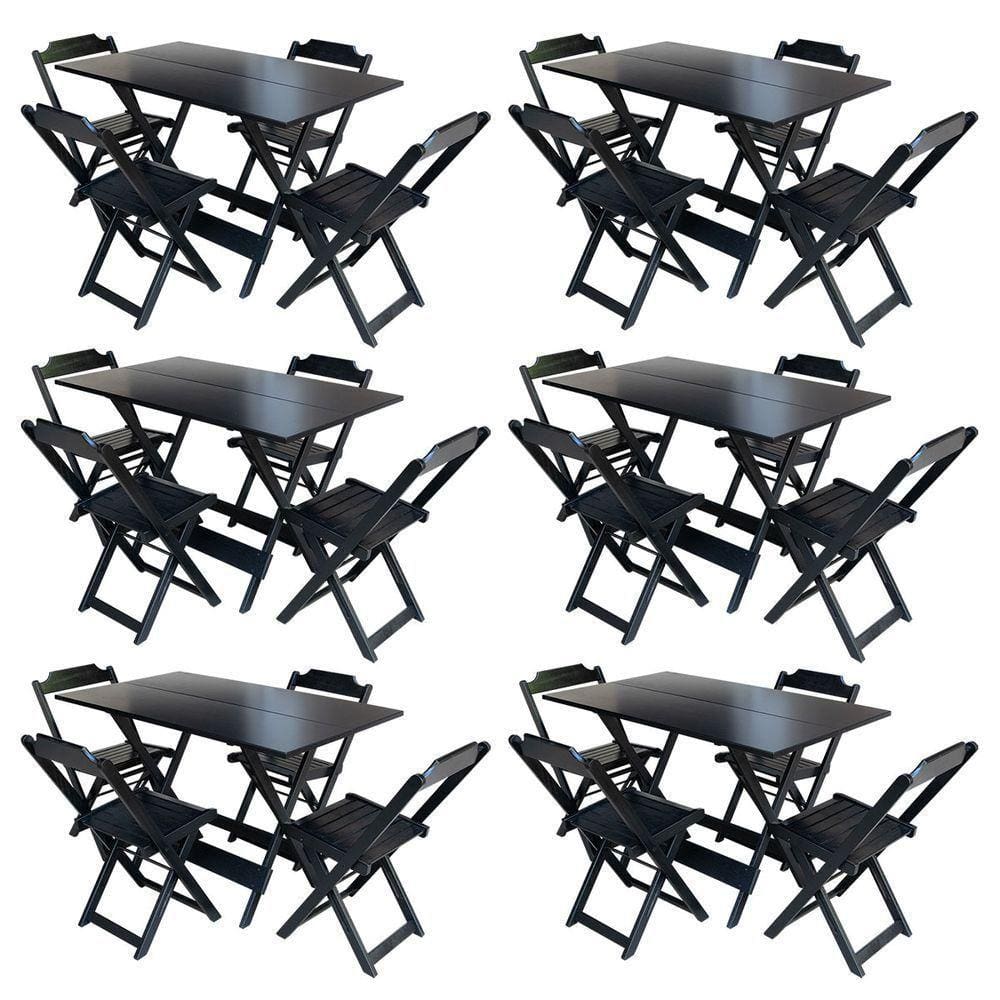 Kit 6 Jogos De Mesa Com 4 Cadeiras De Madeira Dobravel 120X70 - Preto - Preto