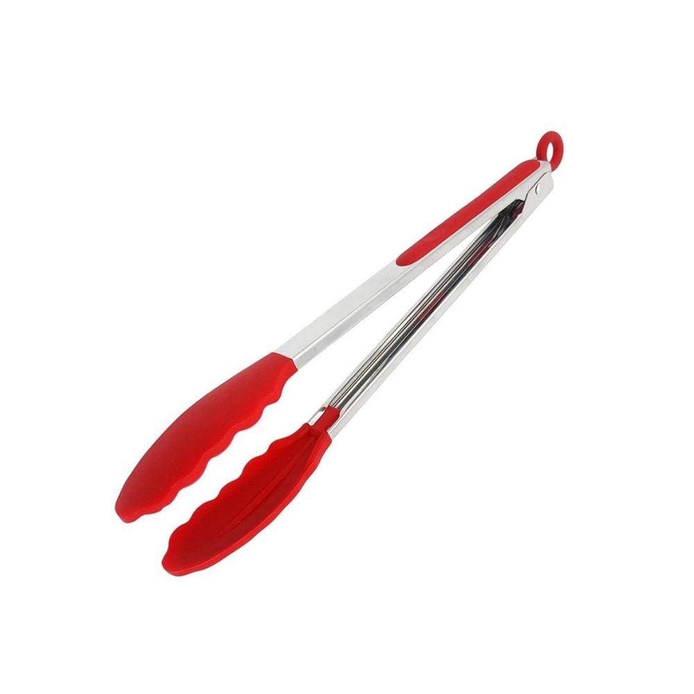 Pegador Silicone em Aço Inox 27 CM Carne Churrasco Salada Cozinha Pinça Vermelho