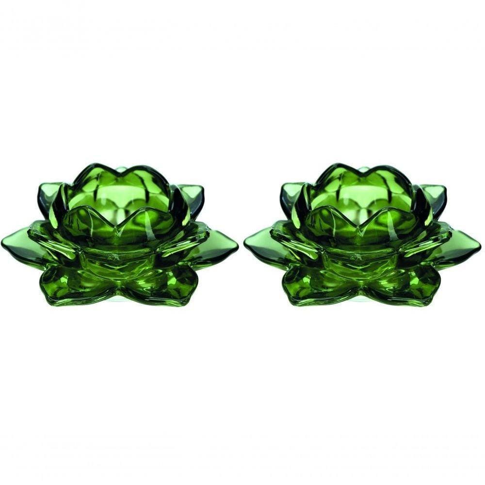 Jogo Porta Velas Castiçal Flor De Lotus Vidro Verde 2 Un
