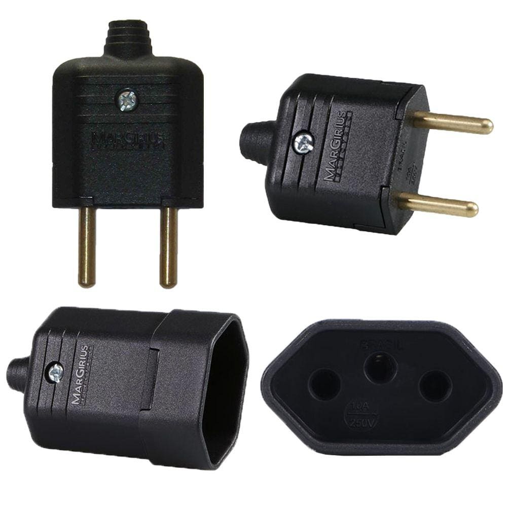 60 Plug Macho 2 Pinos 10a + 60 Tomada 3 Pinos 10a Femea Preto Margirius