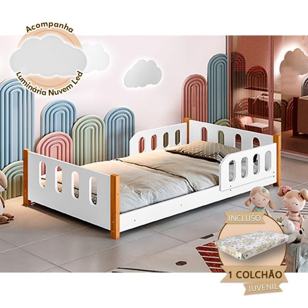 Cama Infantil Juvenil Camila Com Colchão + Grade De Proteção E Luminária Led - Branca - Cor: Branco