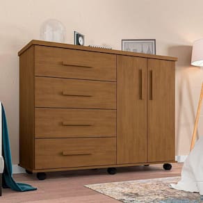 Cômoda Geval Encanto Com 04 Gavetas 02 Portas E Rodízios - Amêndoa - Cor: Marrom