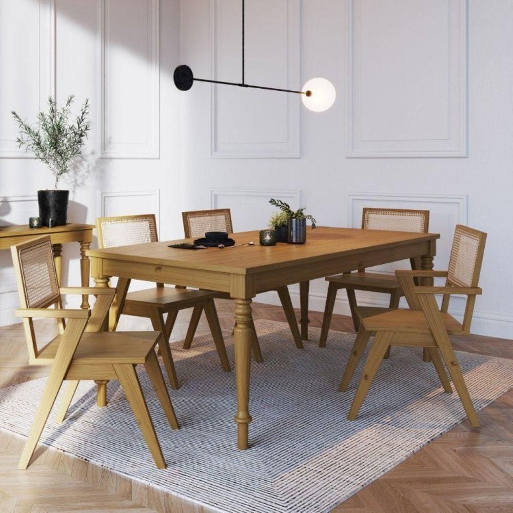 Conjunto De Mesa Madeira Maciça Com 6 Cadeiras União - Mel