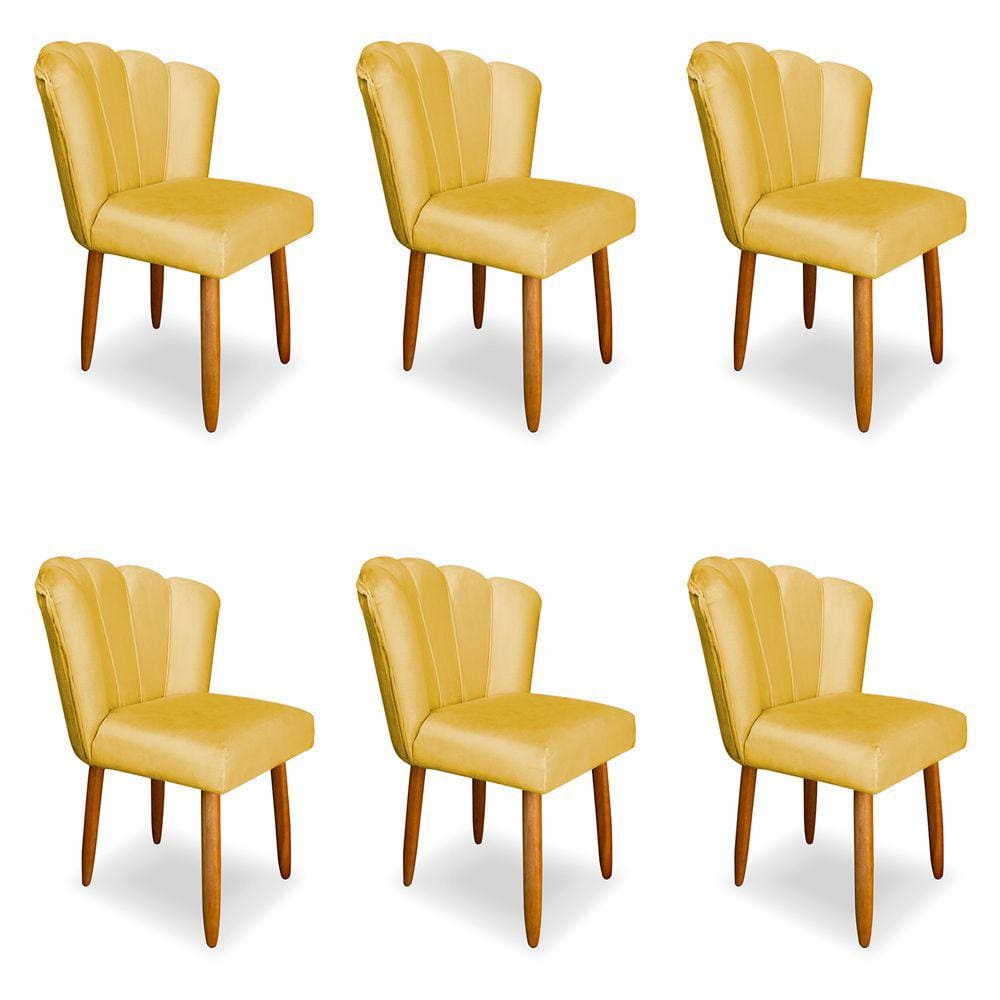 Kit 6 Cadeiras de Jantar Pétala Estofada Pés Palito Veludo Amarelo - Montanaris Decor