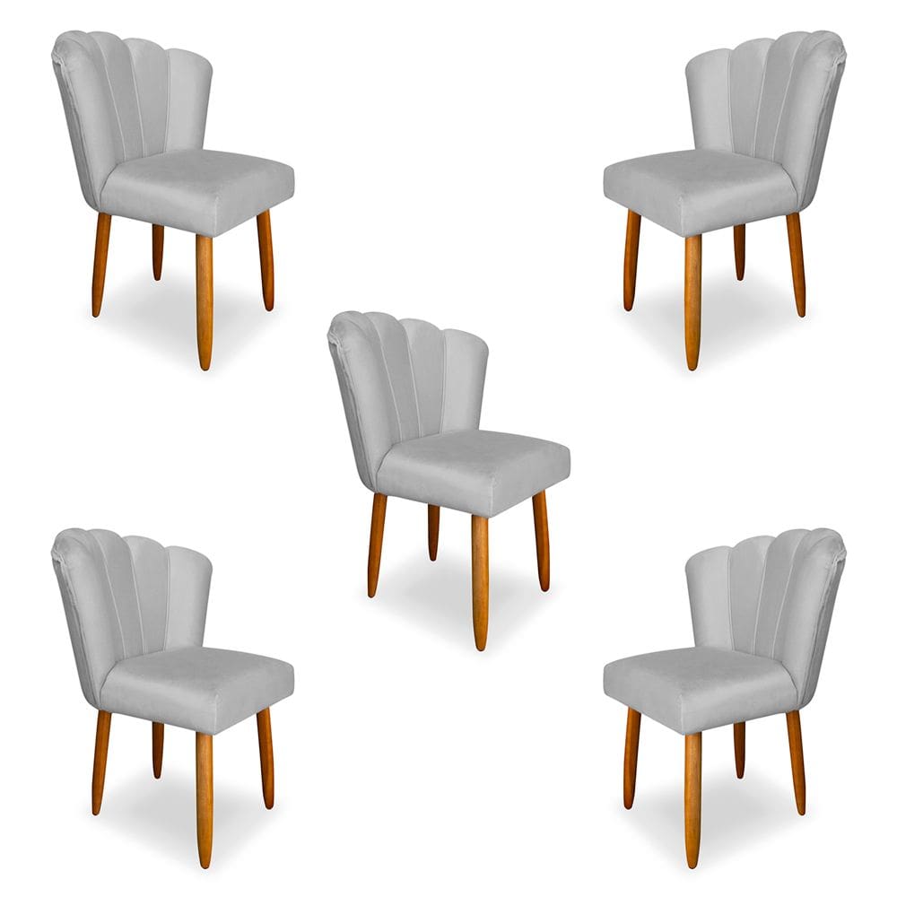 Kit 5 Cadeiras de Jantar Pétala Estofada Pés Palito Veludo Cinza - Montanaris Decor
