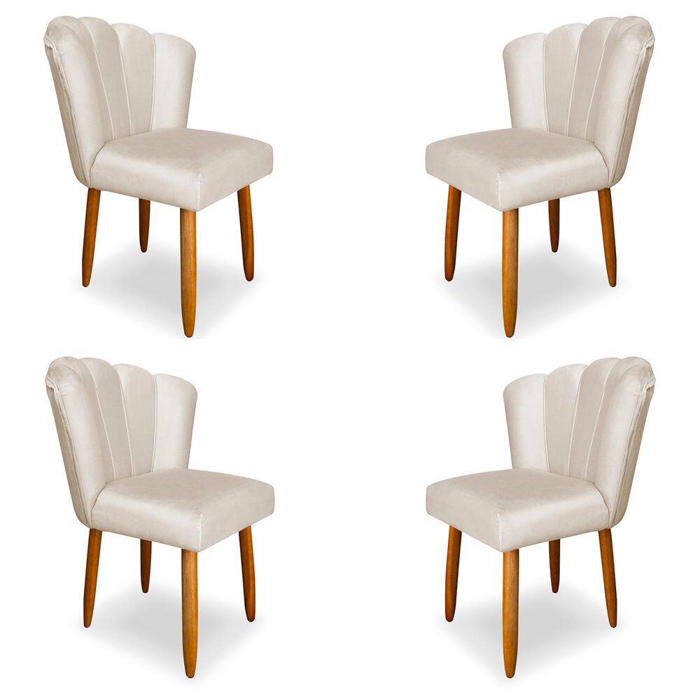 Kit 4 Cadeiras de Jantar Pétala Estofada Pés Palito Veludo Bege - Montanaris Decor