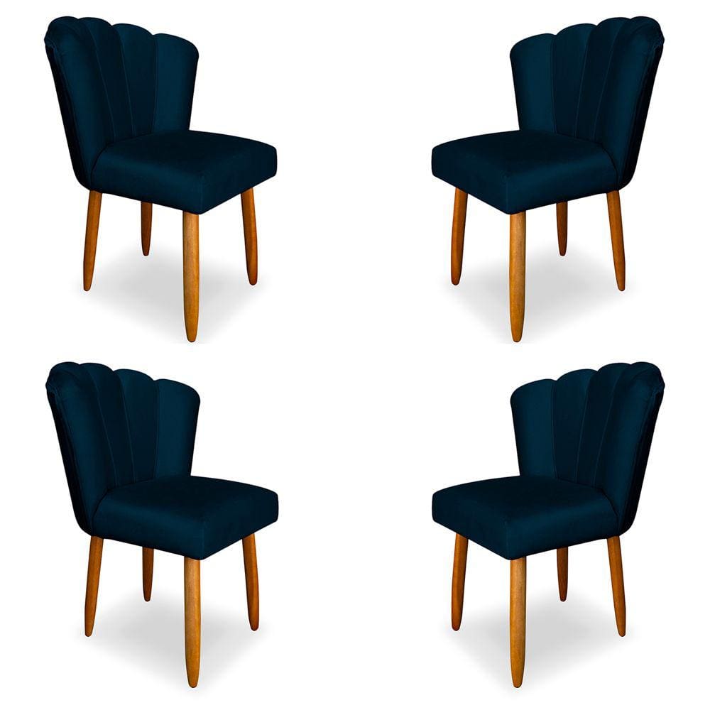 Kit 4 Cadeiras de Jantar Pétala Estofada Pés Palito Veludo Azul Marinho - Montanaris Decor