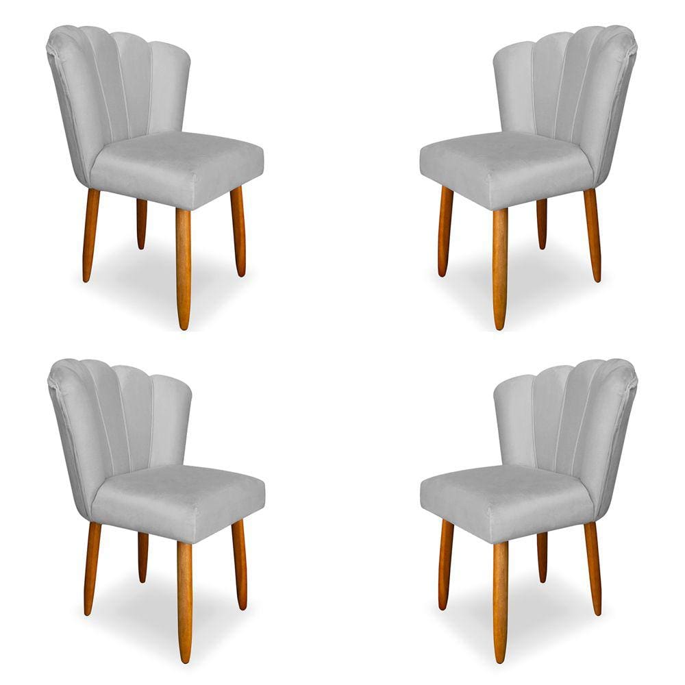 Kit 4 Cadeiras de Jantar Pétala Estofada Pés Palito Veludo Cinza - Montanaris Decor