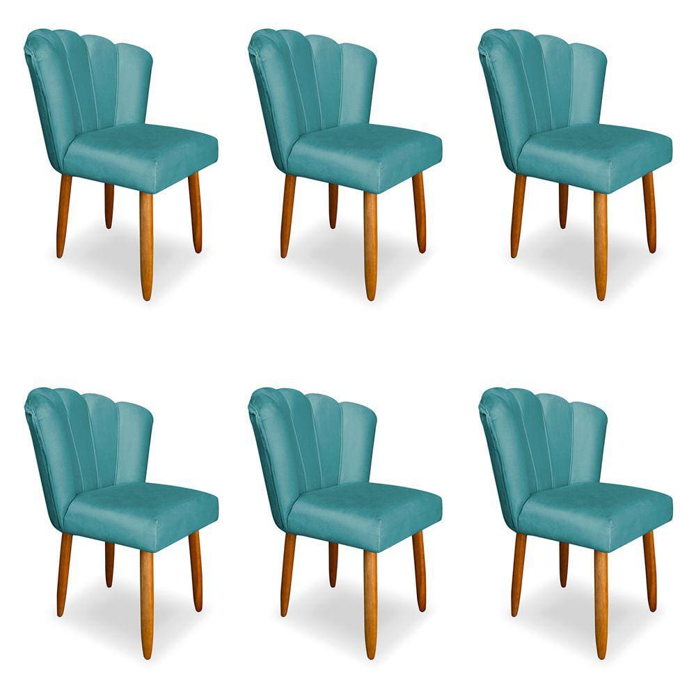 Kit 6 Cadeiras de Jantar Pétala Estofada Pés Palito Veludo Azul Turquesa - Montanaris Decor