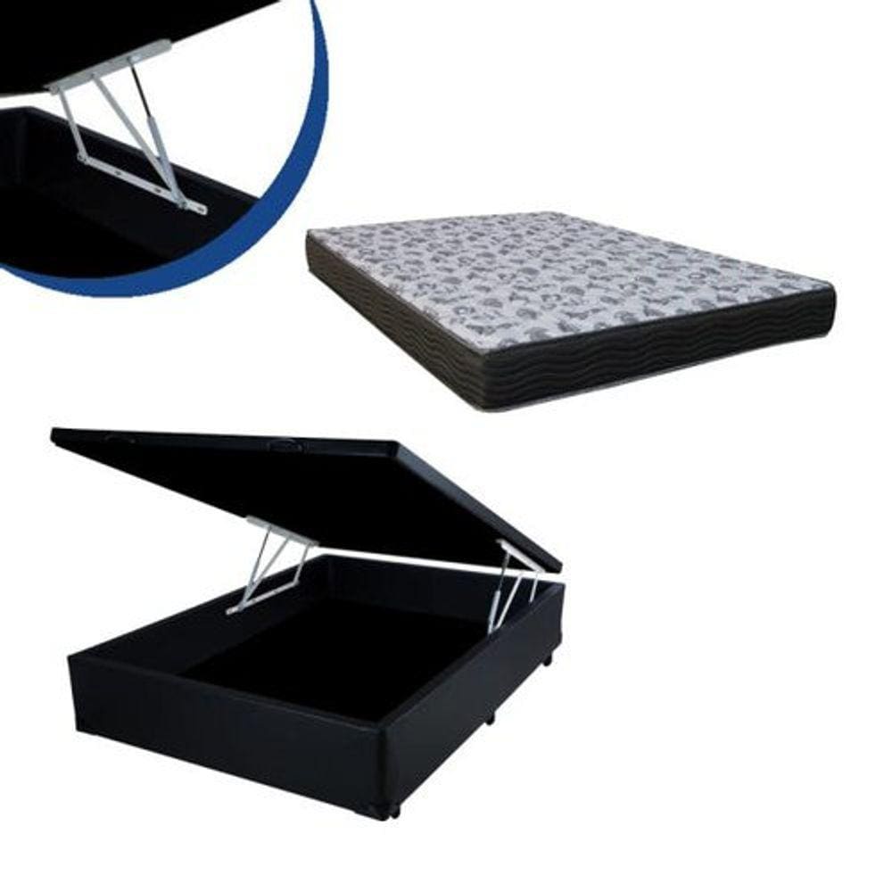 Cama Box Baú Casal Resistence Suede Preto + Colchão Casal Resistence Espuma D23 Com EPS 24x138x188