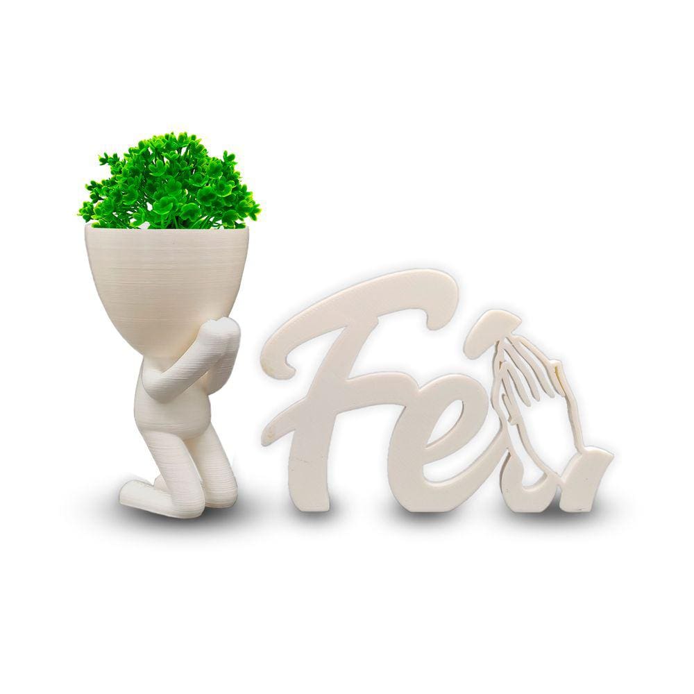 Kit Decoração Planta Artificial + Vasinho Orando + Fé 3d