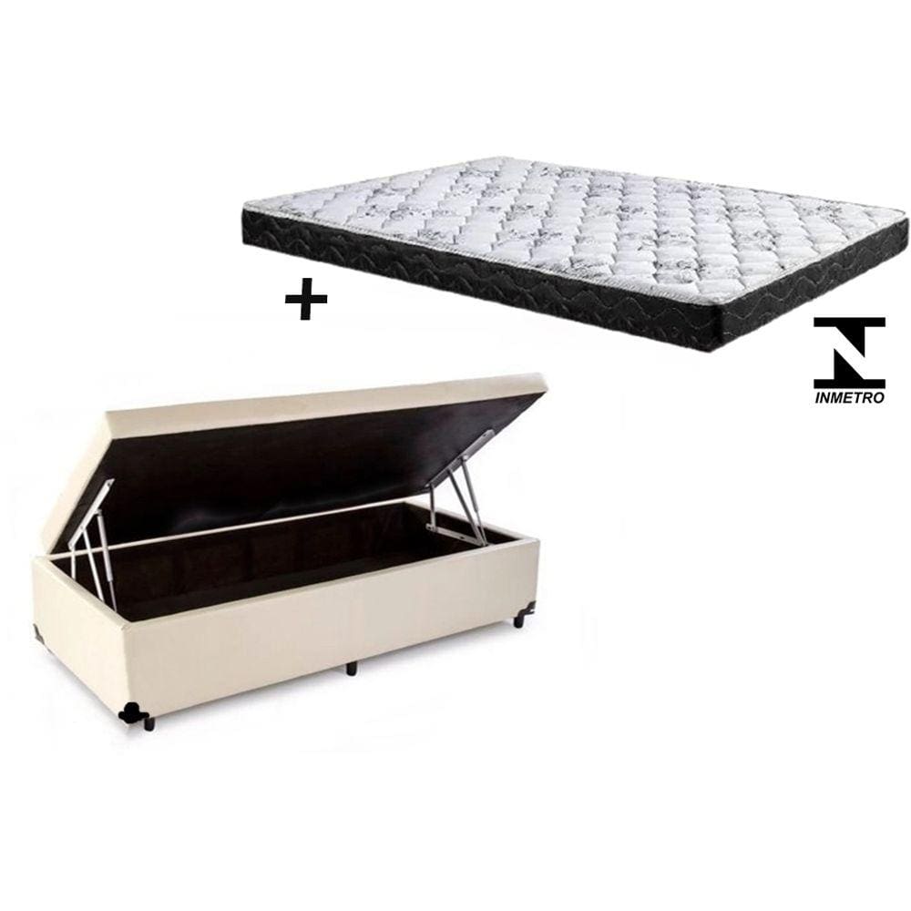 Cama Box Baú Solteiro Resistence Sintético Bege + Colchão Solteiro Resistence Espuma D23 Com EPS 14x88x188