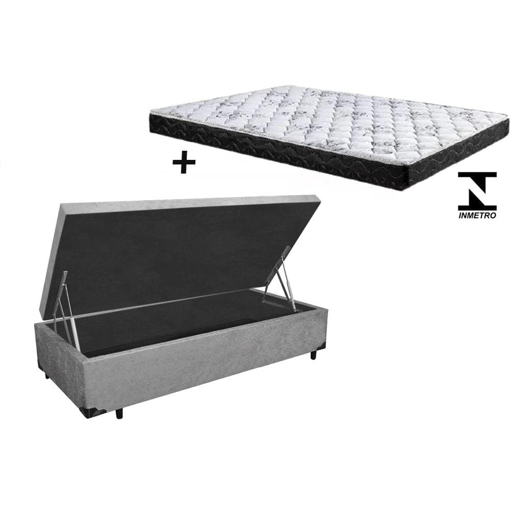 Cama Box Baú Solteiro Resistence Suede Cinza + Colchão Solteiro Resistence Espuma D23 Com EPS 14x88x188