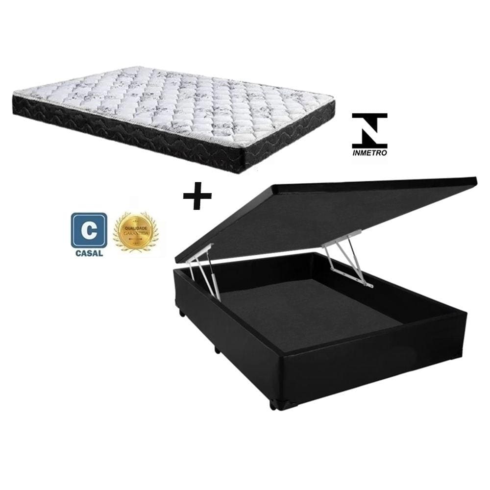 Cama Box Baú Casal Resistence Sintético Preto + Colchão Casal Resistence Espuma D33 Com EPS 17x138x188