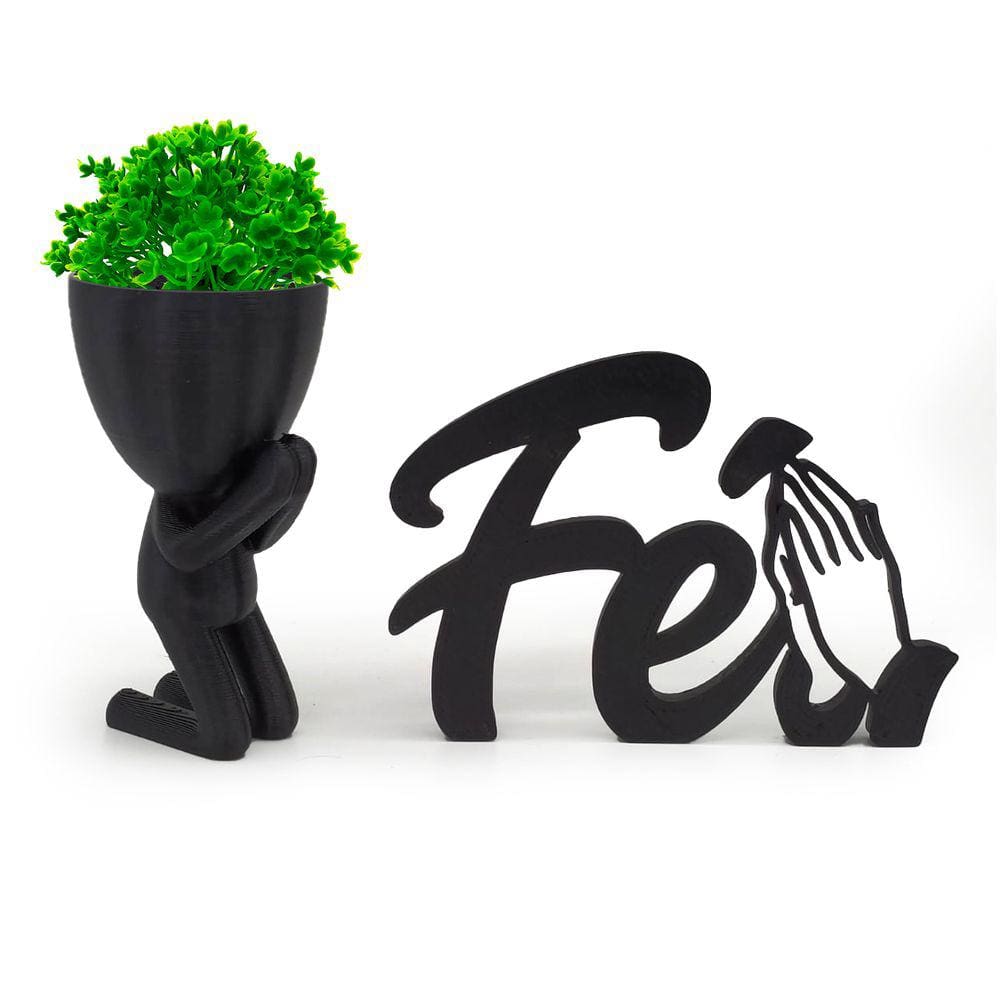 Kit Decoração Planta Artificial + Vasinho Orando + Fé 3d