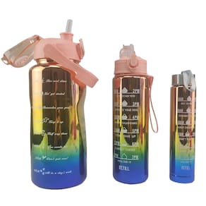 Garrafa Motivacional Metalica Kit 3 Uni Medidor Squeezer Agua Frase Treino Academia Viagem Passeio Trabalho Casa 2 Litros 900Ml 300Ml
