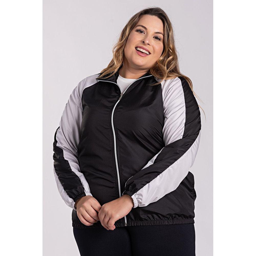 Jaqueta Feminina Corta Vento Plus Size Manga Raglan Recortes Cores Contrastantes - Serena