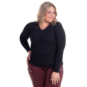 Blusa Manga Longa em Ribana Canelada Larga Decote "V" - Serena