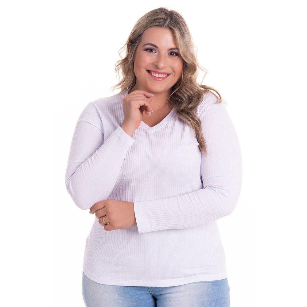 Blusa Manga Longa em Ribana Canelada Larga Decote &quot;V&quot; - Serena
