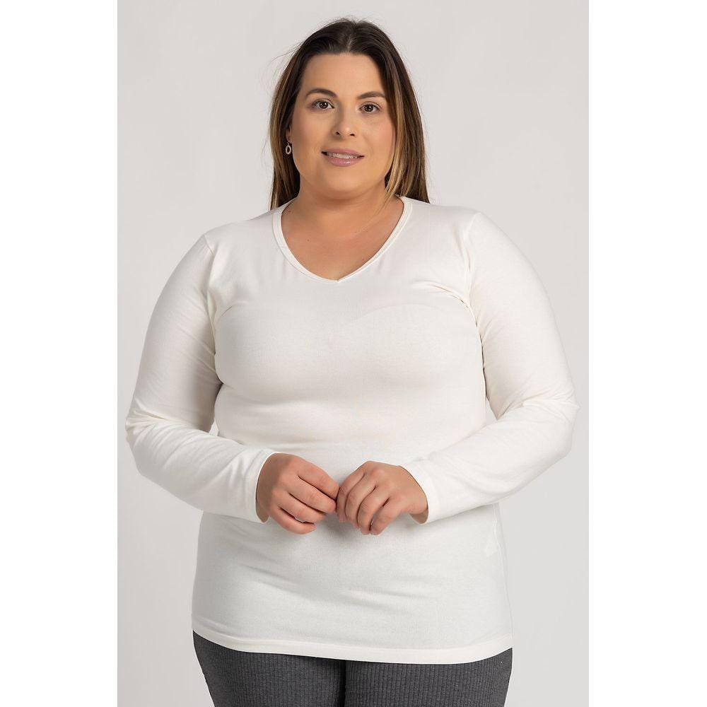 Blusa Feminina Plus Size Manga Longa Cotton Decote "V" - Serena