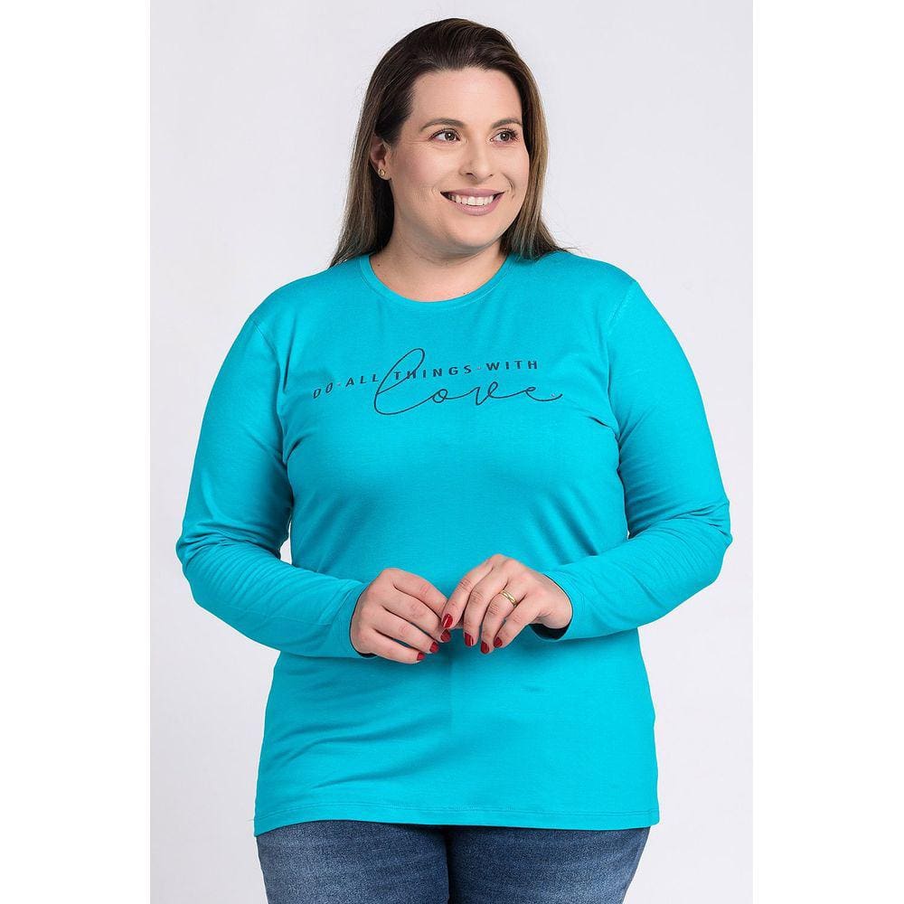 Blusa Feminina Plus Size Manga Longa Visco Estampada "Do all things with love" - Serena
