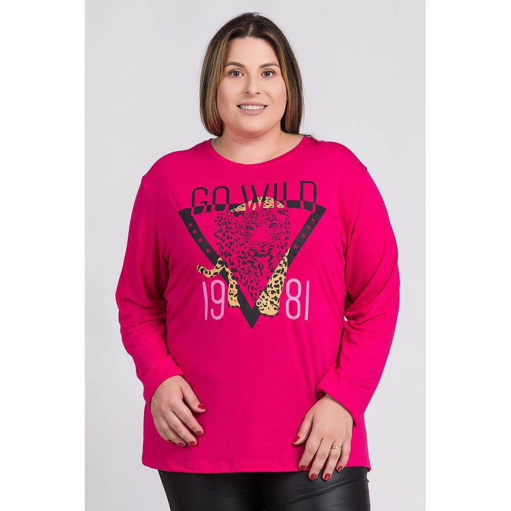 Blusa Feminina Plus Size Manga Longa Visco Estampada "Tigre" - Serena