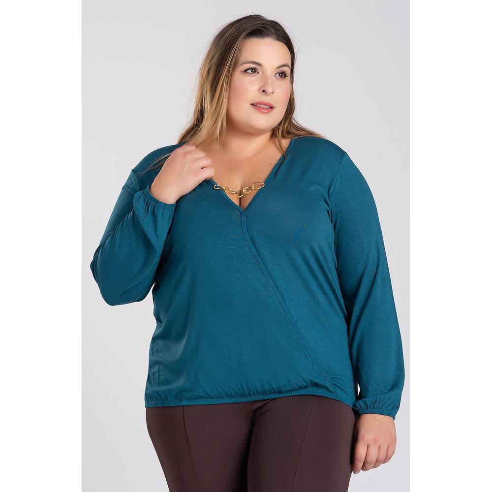 Blusa Feminina Plus Size Manga Longa Transpassada Corrente Metal Decote Elastico Punho e Barra