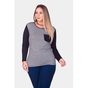 Blusa Manga Longa Malha Visco Frente Listrada com Bolso