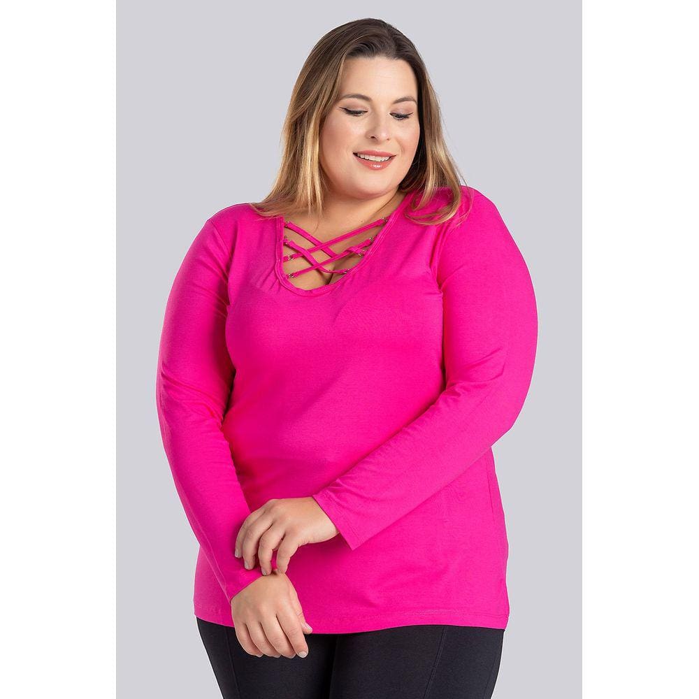 Blusa Feminina Manga Longa Plus Size Malha Viscose com Elastano Detalhe de Tiras no Decote - Serena