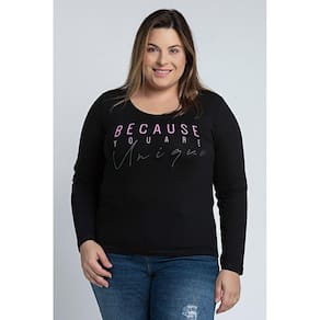 Blusa Feminina Plus Size Manga Longa Visco Estampada "Because You Are Unique" - Def Confecções